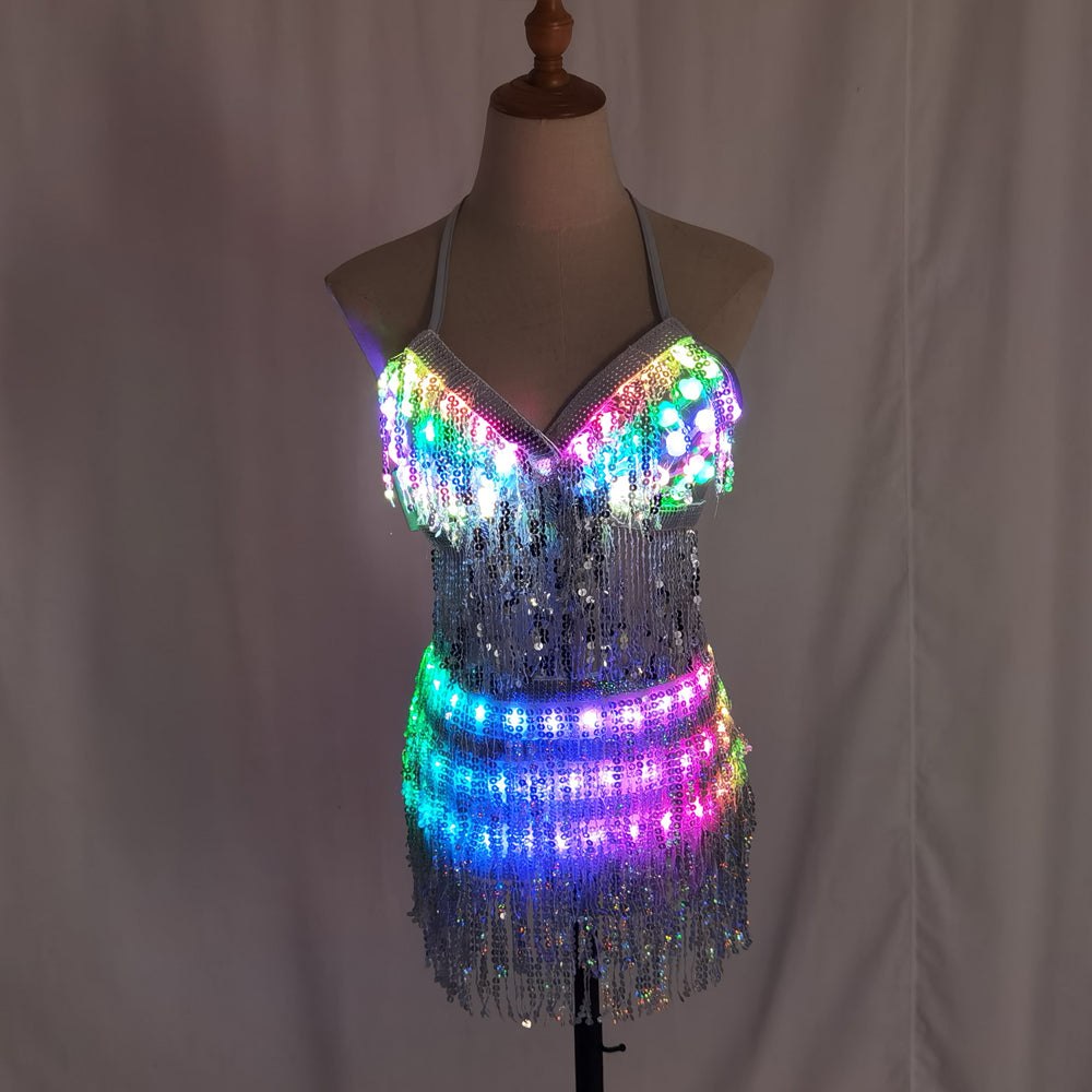 LED Glowing Bra & Shorts Set - Women Luminous Suit with Belt, Tassel & Reflective Accessories
