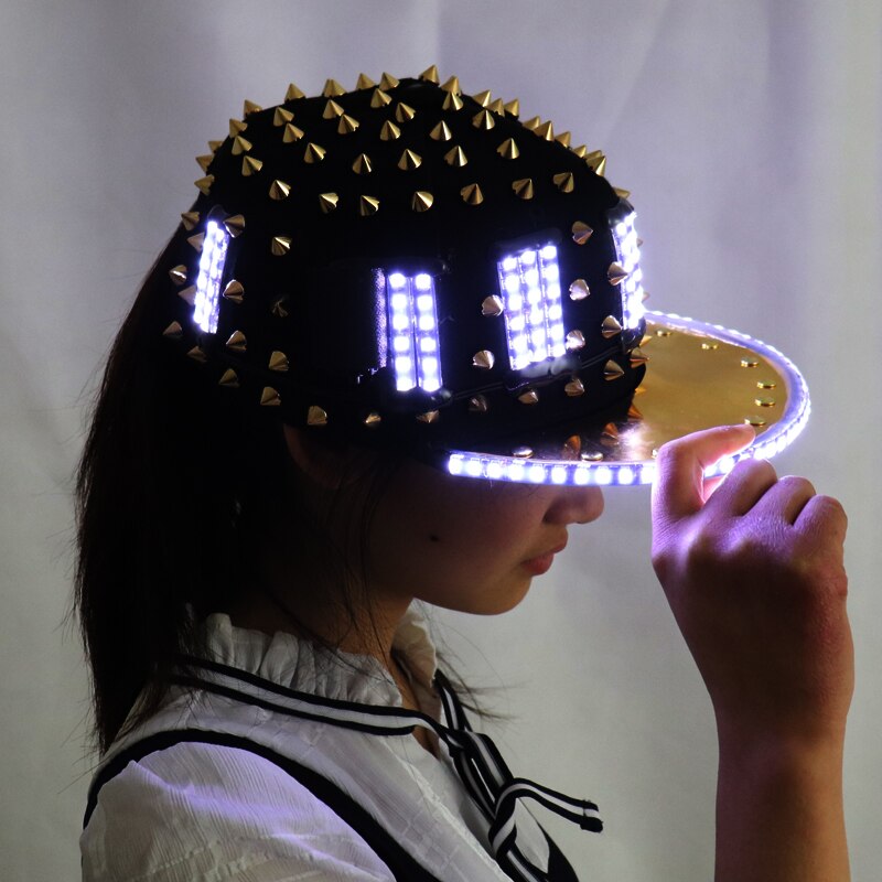 Unisex Punk Hedgehog Rock Rivet Cap Newest Unique Gold Silver Rivet LED Hat Fashion Snapback for Street Hip-hop Rivet man woman