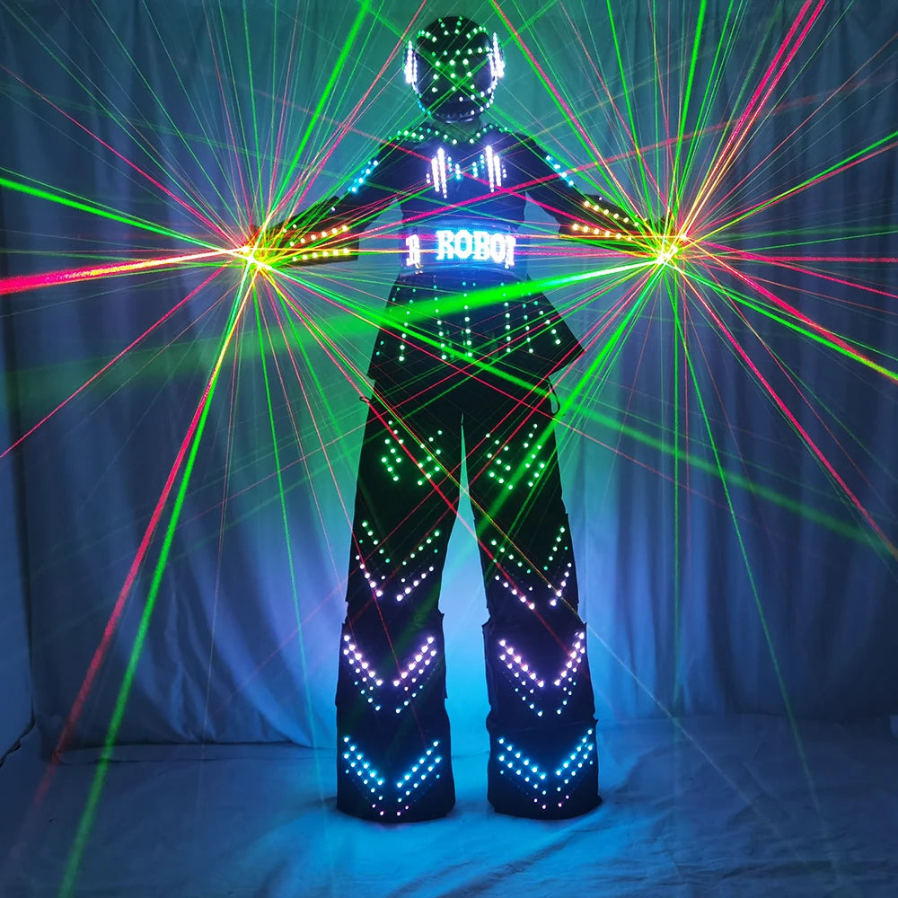 زي ملون LED مضيء مع خوذة LED ملابس خفيفة طوالة روبوت بدلة Kryoman David Guetta ملابس رقص روبوت