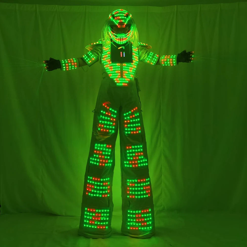 Traje de Robot LED de píxeles, ropa de disfraz, pantalla de pecho inteligente a todo Color, andador, casco con guante láser