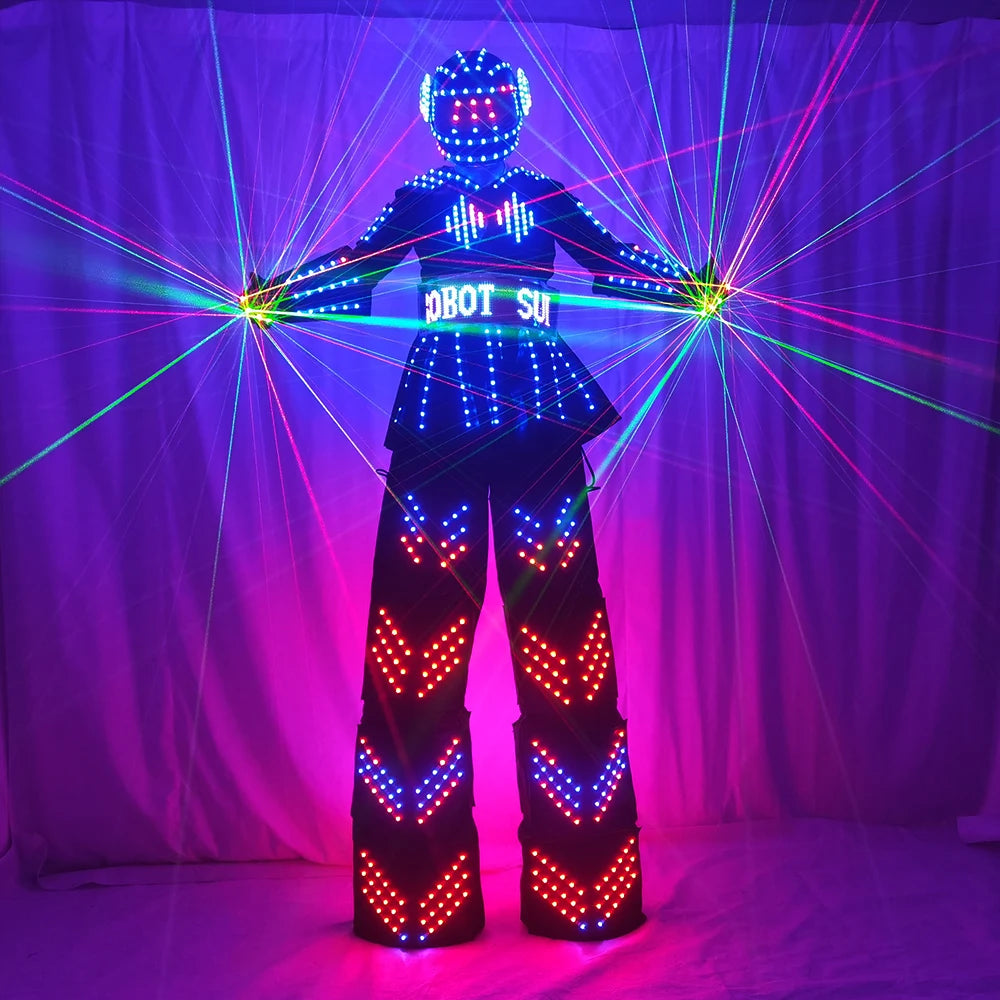 زي ملون LED مضيء مع خوذة LED ملابس خفيفة طوالة روبوت بدلة Kryoman David Guetta ملابس رقص روبوت