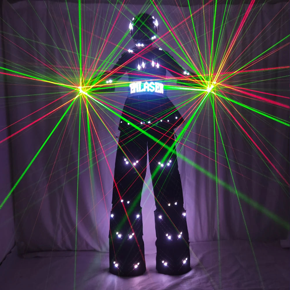 زي ملون LED مضيء مع خوذة LED ملابس خفيفة طوالة روبوت بدلة Kryoman David Guetta ملابس رقص روبوت