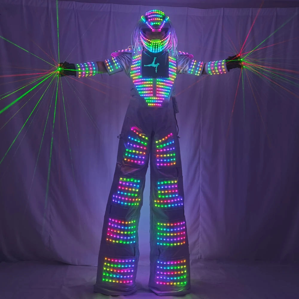Traje de Robot LED de píxeles, ropa de disfraz, pantalla de pecho inteligente a todo Color, andador, casco con guante láser