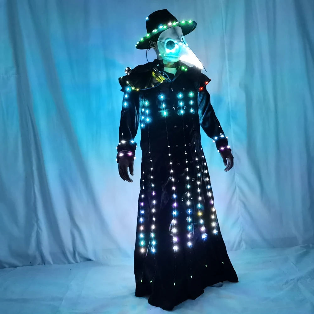 Full Color LED Illuminated Suit Steampunk Style Plague Doctor Costume Beaked Crow with Light Long Taken Mask Costume