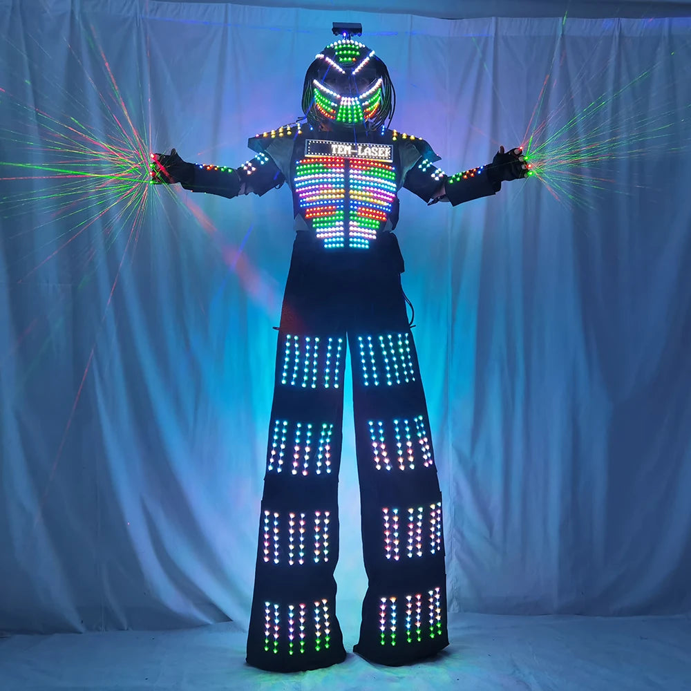 Female LED Robot Costume Clothes Stilt Walking Lights Up Suit for Laser Glove Show Wedding Birthday Party Large Parade Light