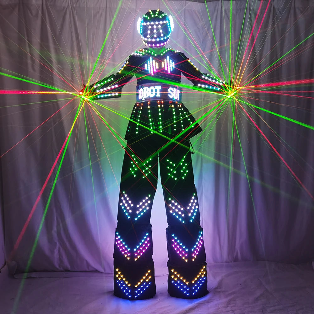 زي ملون LED مضيء مع خوذة LED ملابس خفيفة طوالة روبوت بدلة Kryoman David Guetta ملابس رقص روبوت