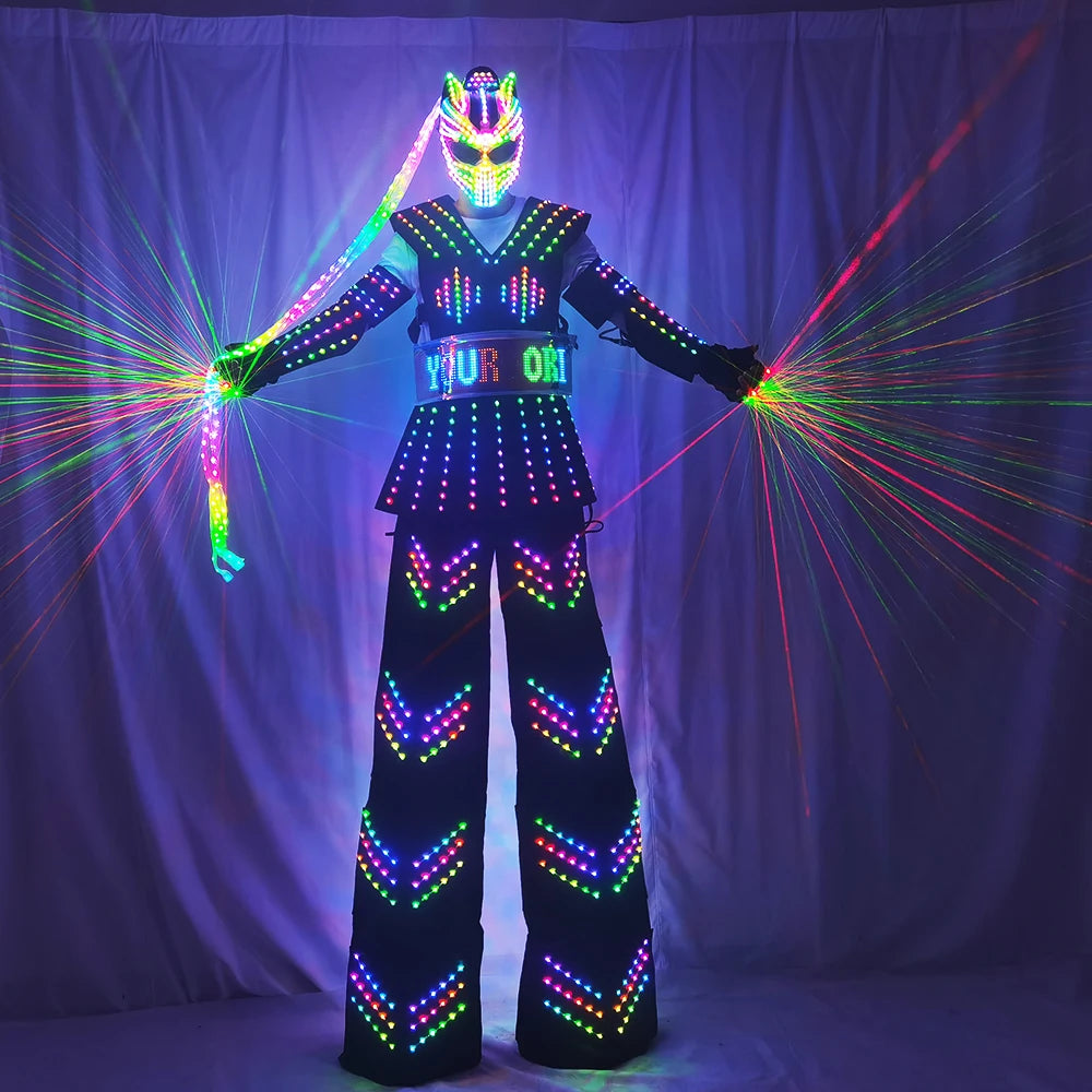 Colorful LED Luminous Costume with Helmet LED Clothing Light Stilt Robot Suit Kryoman David Guetta Robot Dance Wear
