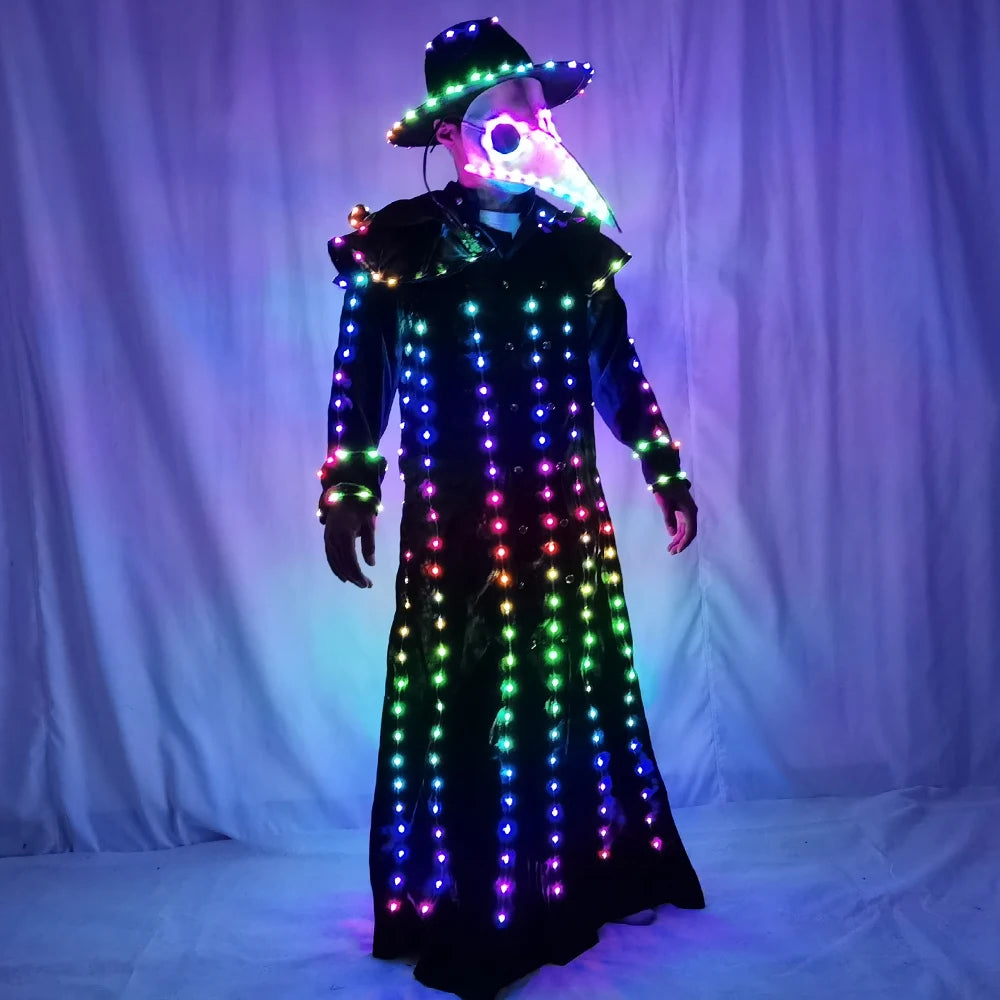 Full Color LED Illuminated Suit Steampunk Style Plague Doctor Costume Beaked Crow with Light Long Taken Mask Costume
