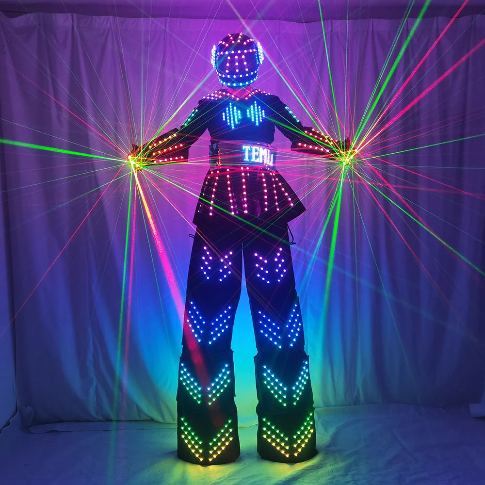 زي ملون LED مضيء مع خوذة LED ملابس خفيفة طوالة روبوت بدلة Kryoman David Guetta ملابس رقص روبوت