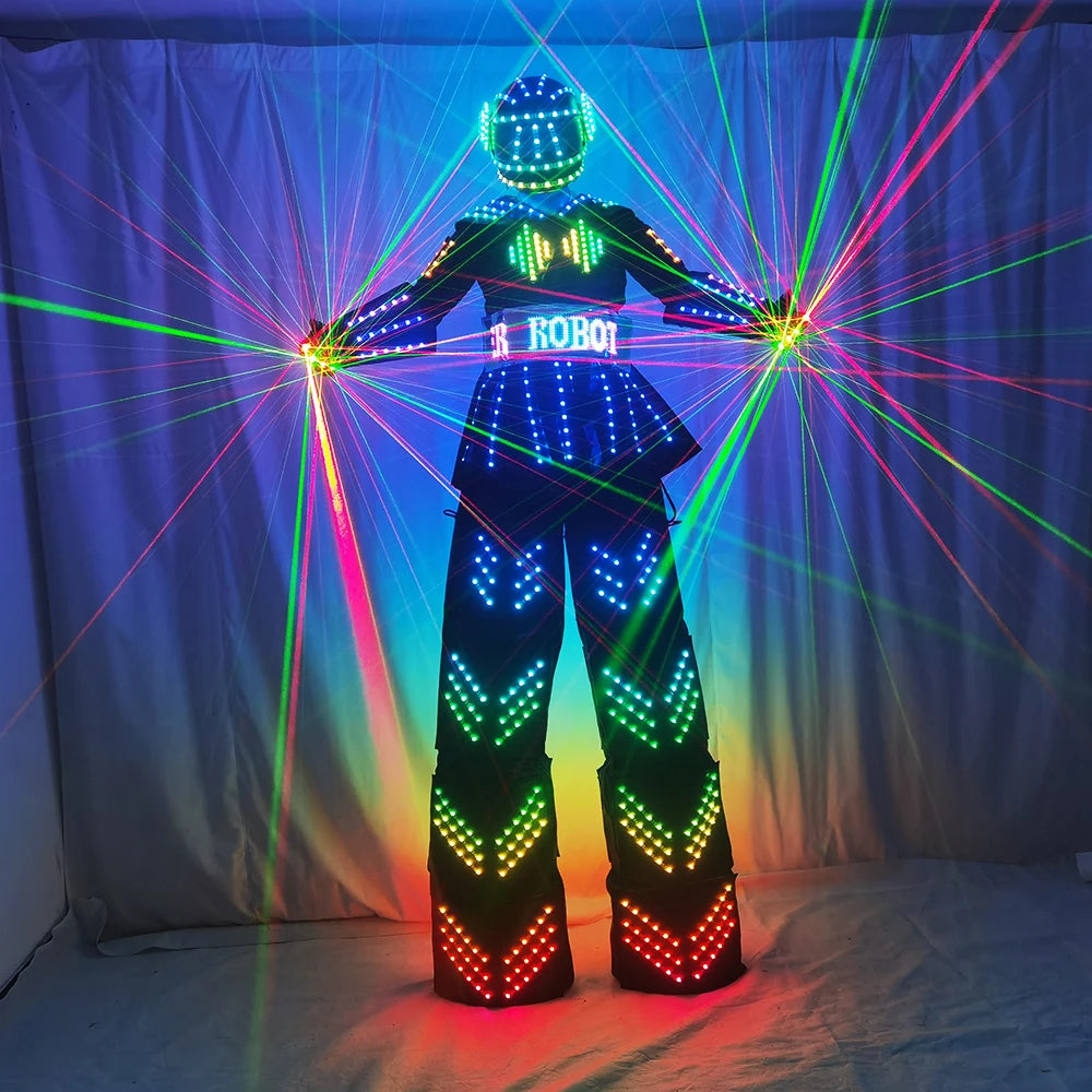 زي ملون LED مضيء مع خوذة LED ملابس خفيفة طوالة روبوت بدلة Kryoman David Guetta ملابس رقص روبوت