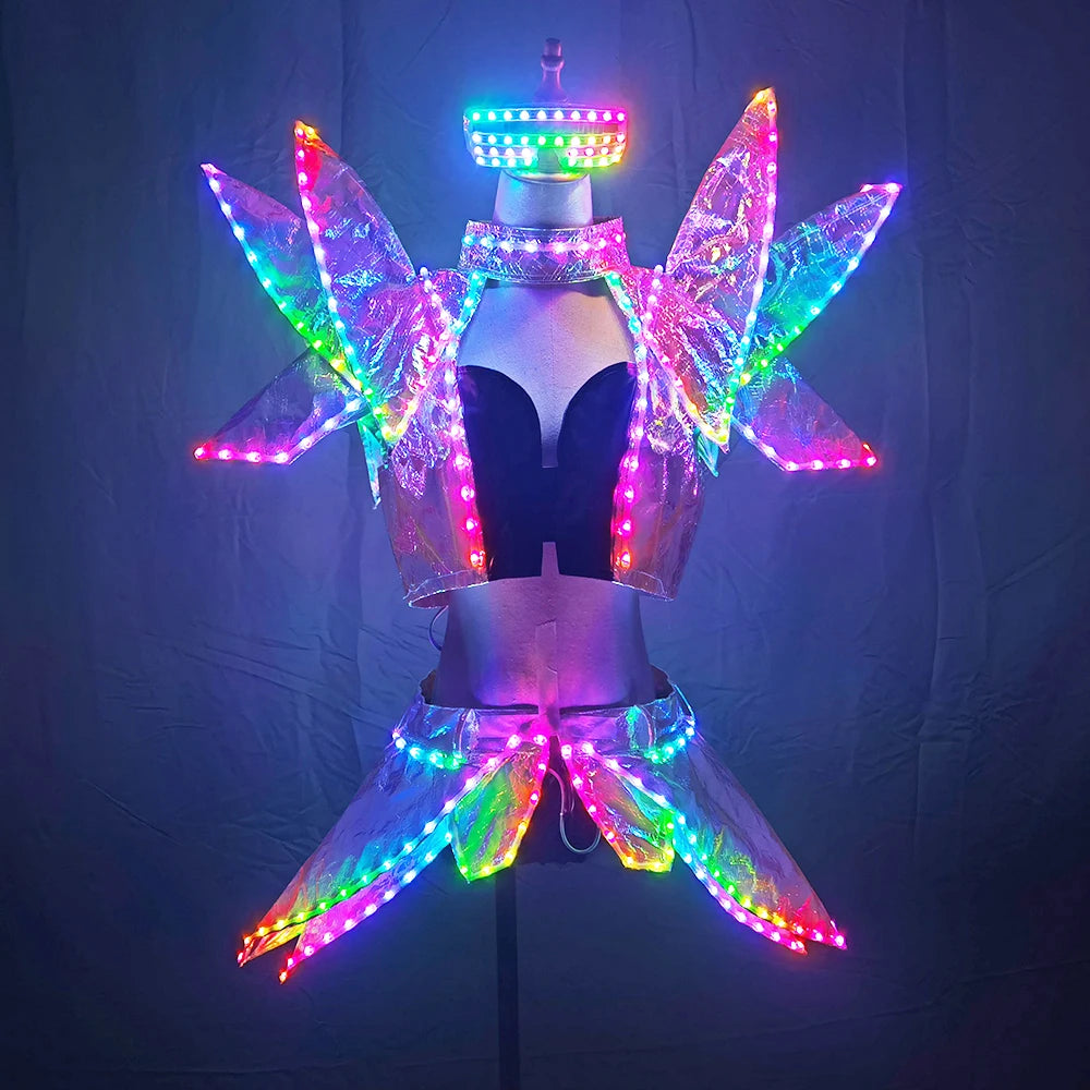 Full Color LED Costumes Colorful Light RGB Women Skirt DJ Bar Wears Led Ballroom Dance Bra Programming Sexy Dress