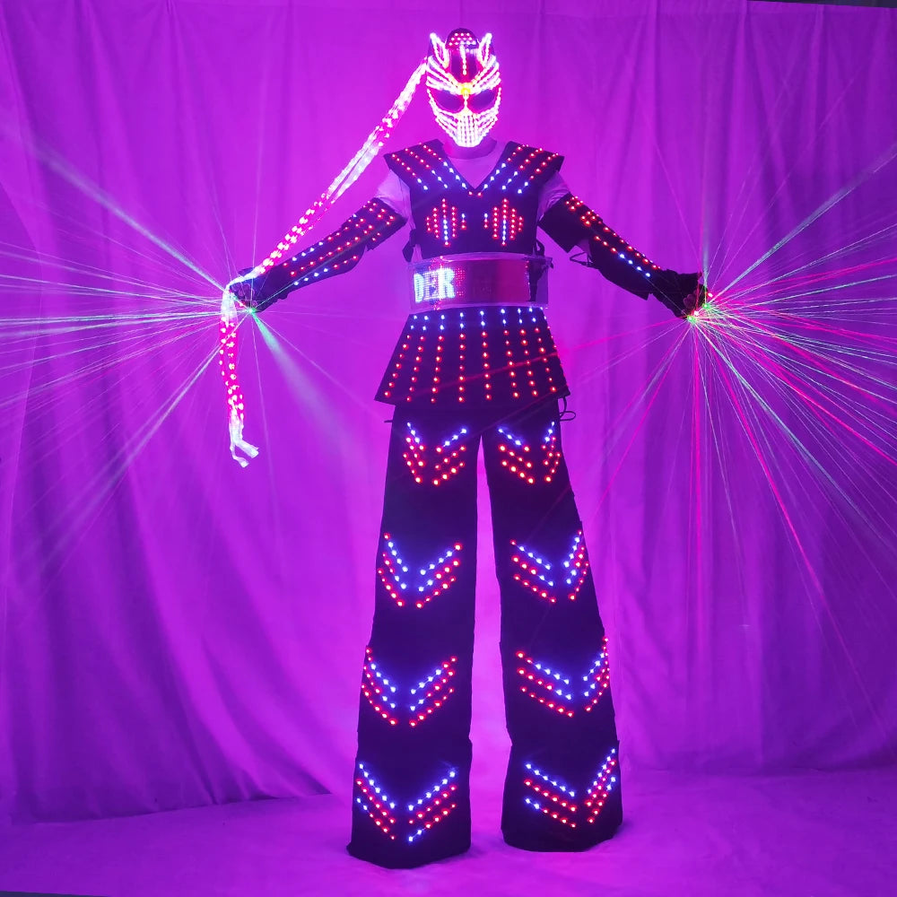 Colorful LED Luminous Costume with Helmet LED Clothing Light Stilt Robot Suit Kryoman David Guetta Robot Dance Wear