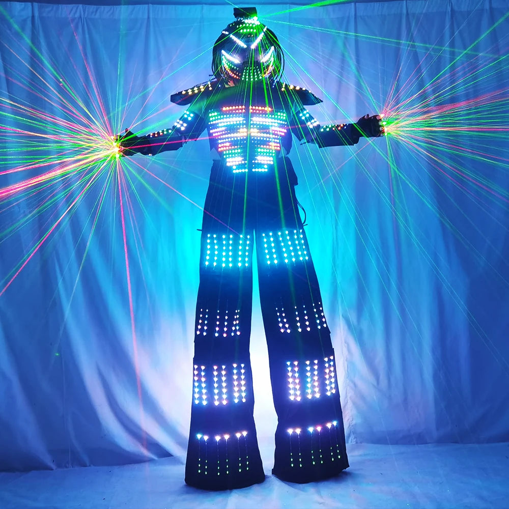 Female LED Robot Costume Clothes Stilt Walking Lights Up Suit for Laser Glove Show Wedding Birthday Party Large Parade Light