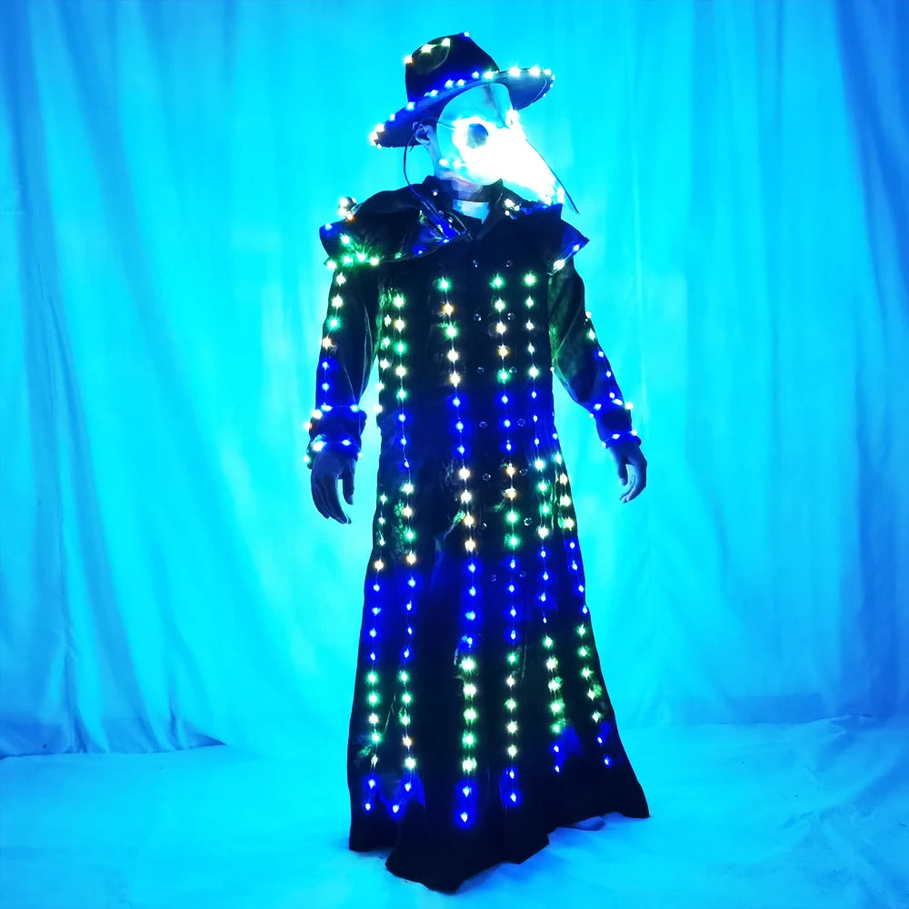 Full Color LED Illuminated Suit Steampunk Style Plague Doctor Costume Beaked Crow with Light Long Taken Mask Costume