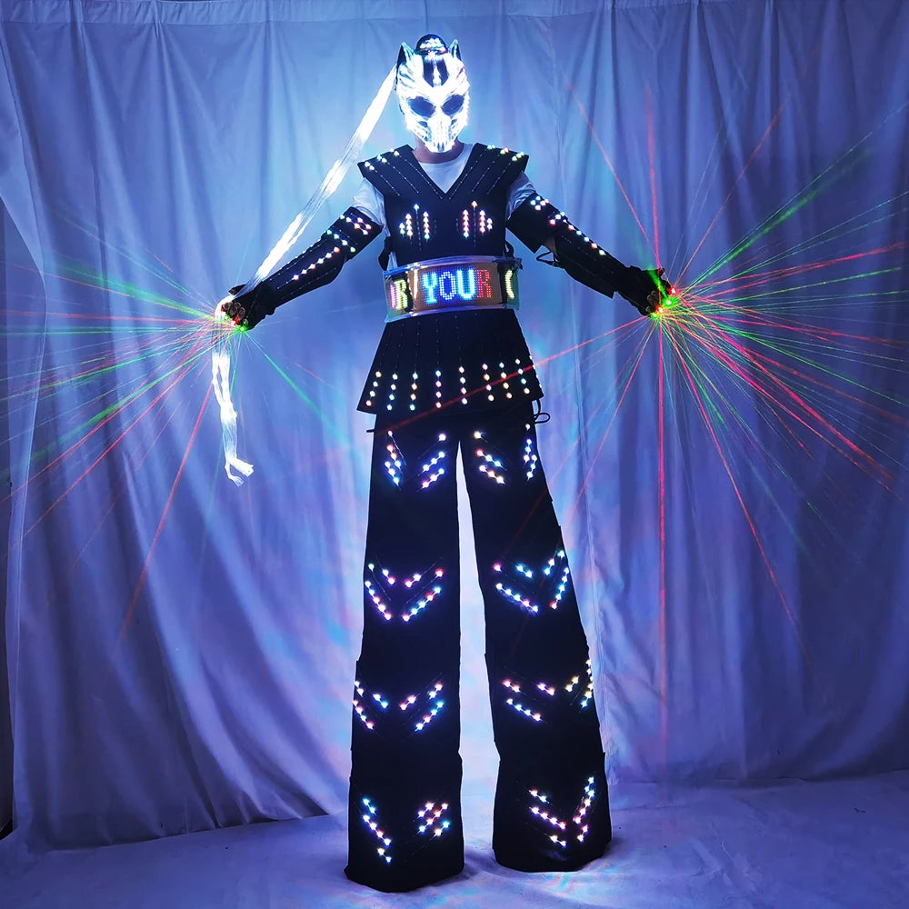 Colorful LED Luminous Costume with Helmet LED Clothing Light Stilt Robot Suit Kryoman David Guetta Robot Dance Wear
