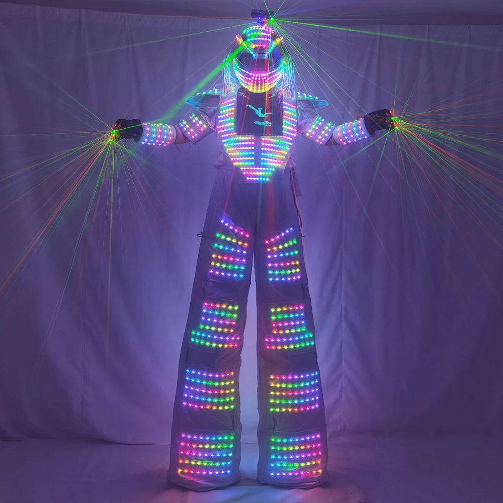 Traje de Robot LED de píxeles, ropa de disfraz, pantalla de pecho inteligente a todo Color, andador, casco con guante láser