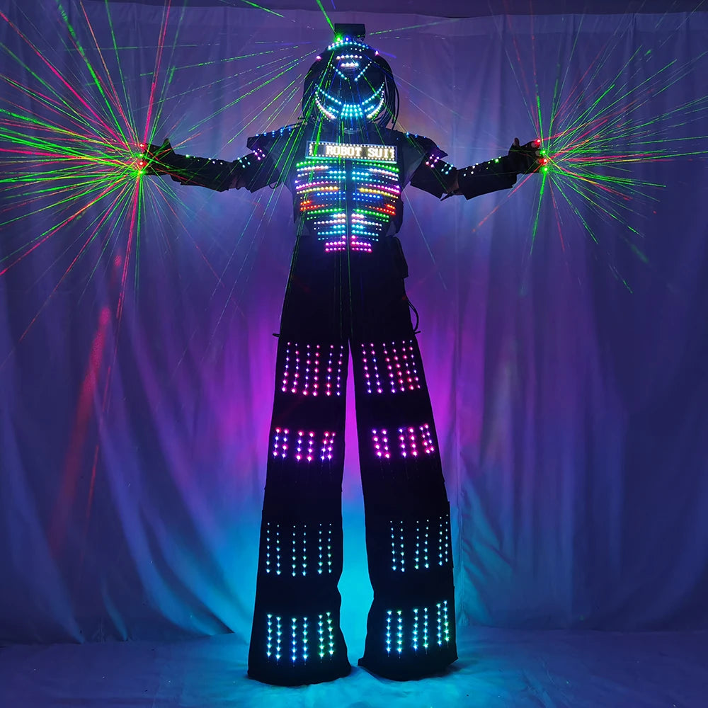 Female LED Robot Costume Clothes Stilt Walking Lights Up Suit for Laser Glove Show Wedding Birthday Party Large Parade Light