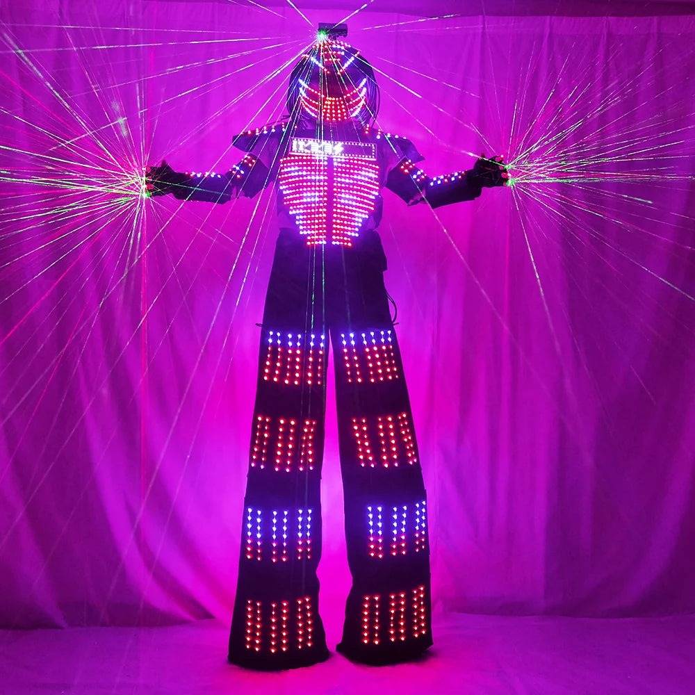 Female LED Robot Costume Clothes Stilt Walking Lights Up Suit for Laser Glove Show Wedding Birthday Party Large Parade Light