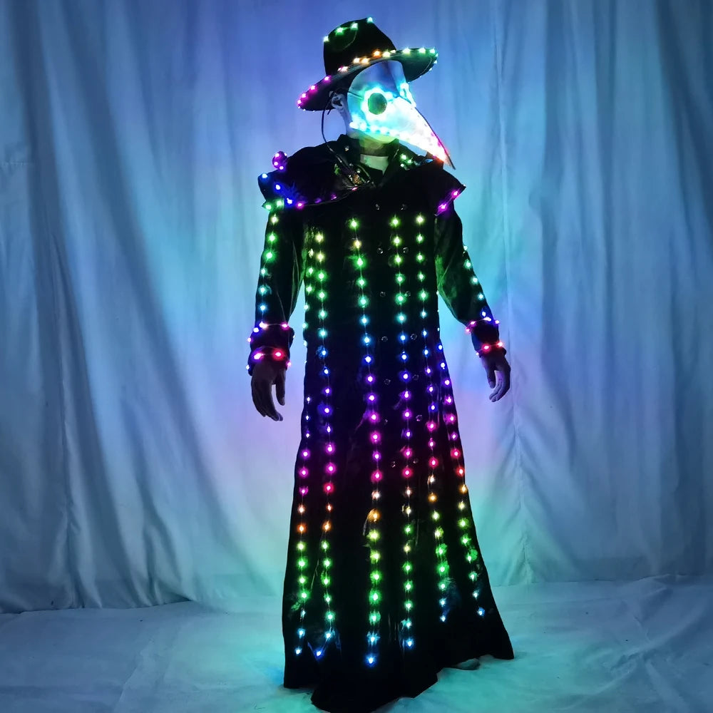 Full Color LED Illuminated Suit Steampunk Style Plague Doctor Costume Beaked Crow with Light Long Taken Mask Costume