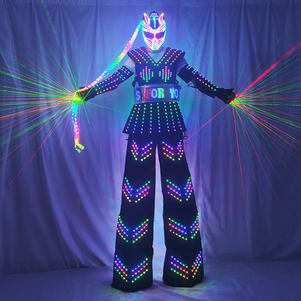 Colorful LED Luminous Costume with Helmet LED Clothing Light Stilt Robot Suit Kryoman David Guetta Robot Dance Wear