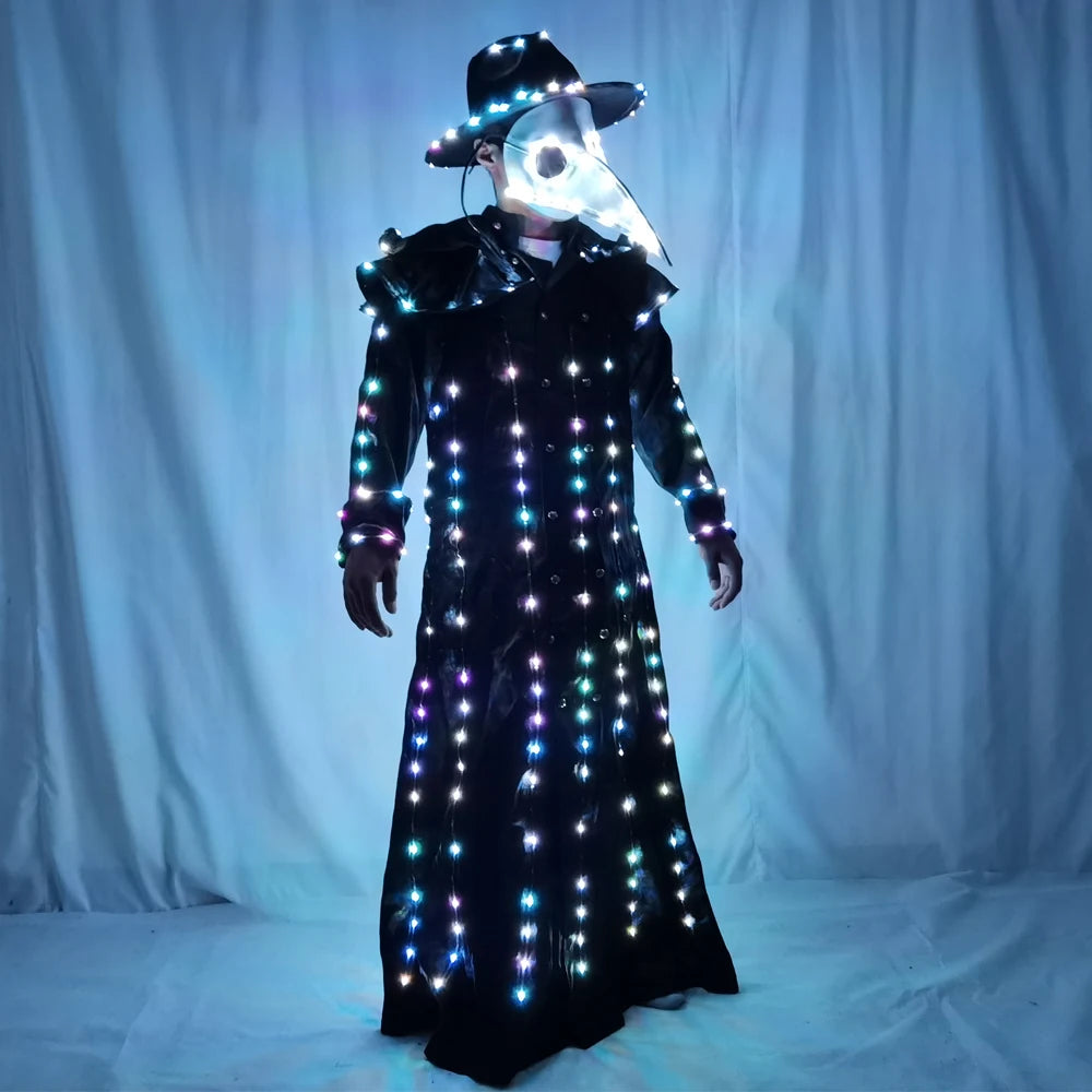 Full Color LED Illuminated Suit Steampunk Style Plague Doctor Costume Beaked Crow with Light Long Taken Mask Costume