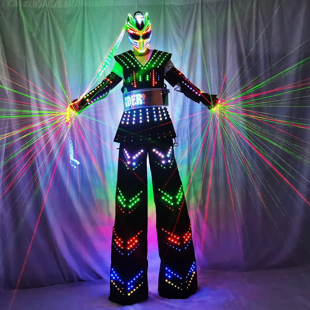 Colorful LED Luminous Costume with Helmet LED Clothing Light Stilt Robot Suit Kryoman David Guetta Robot Dance Wear