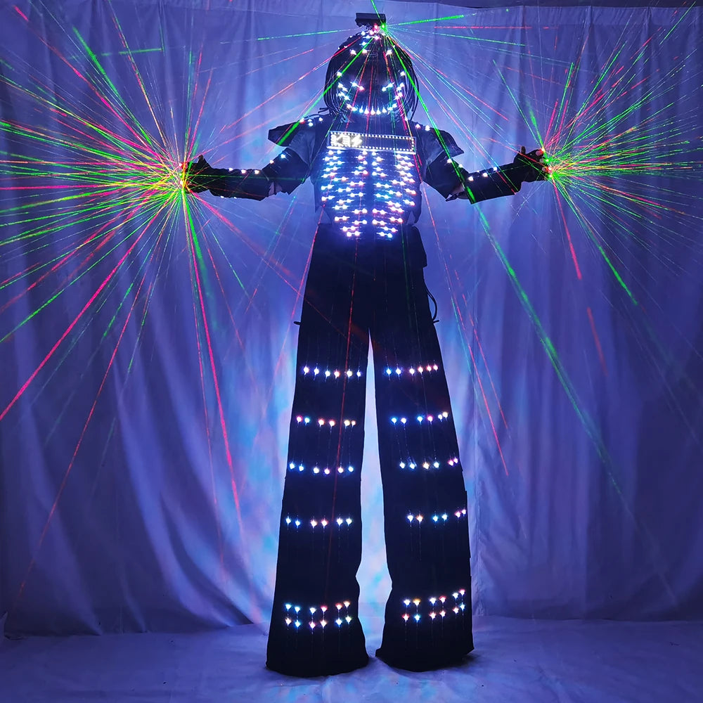 Female LED Robot Costume Clothes Stilt Walking Lights Up Suit for Laser Glove Show Wedding Birthday Party Large Parade Light