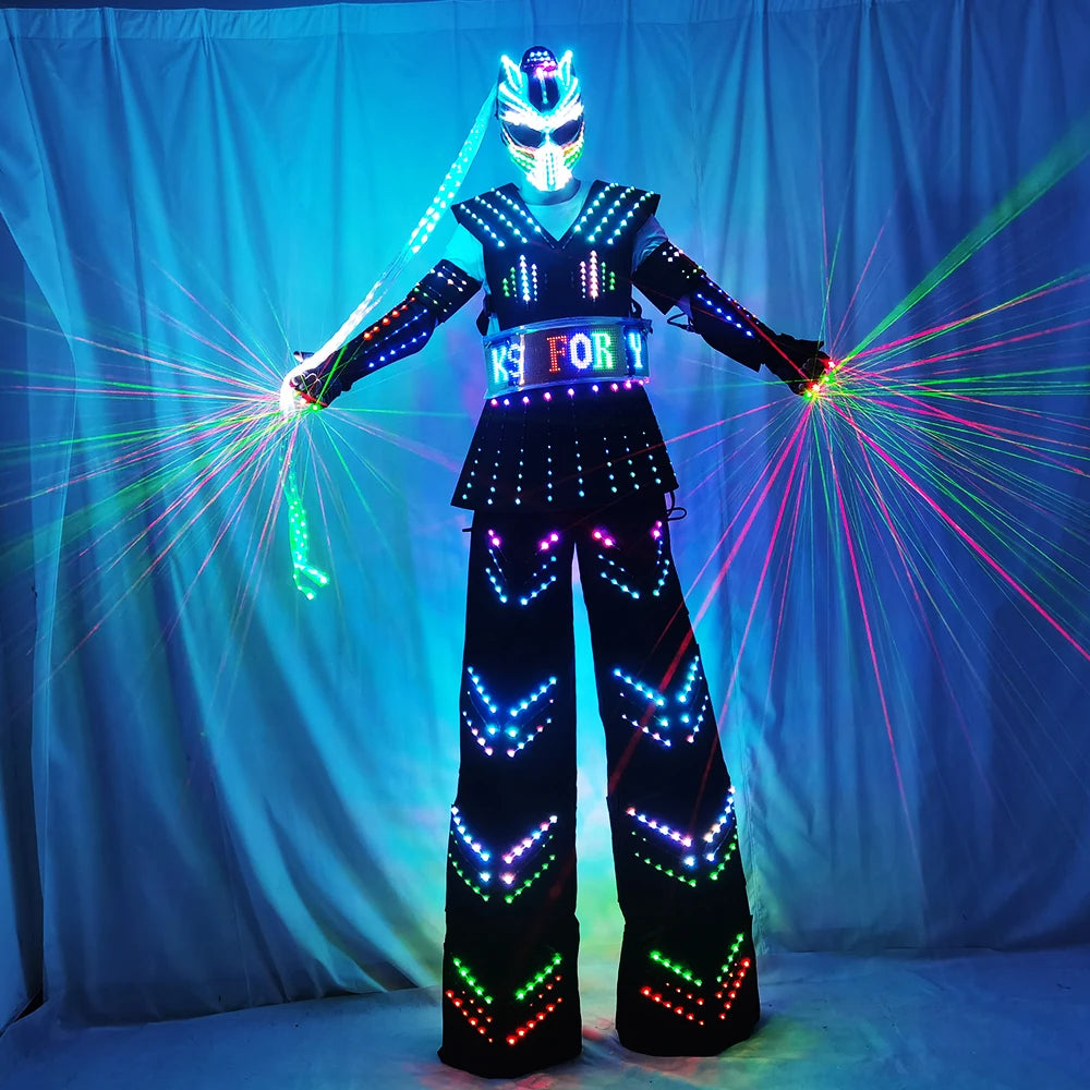 Colorful LED Luminous Costume with Helmet LED Clothing Light Stilt Robot Suit Kryoman David Guetta Robot Dance Wear