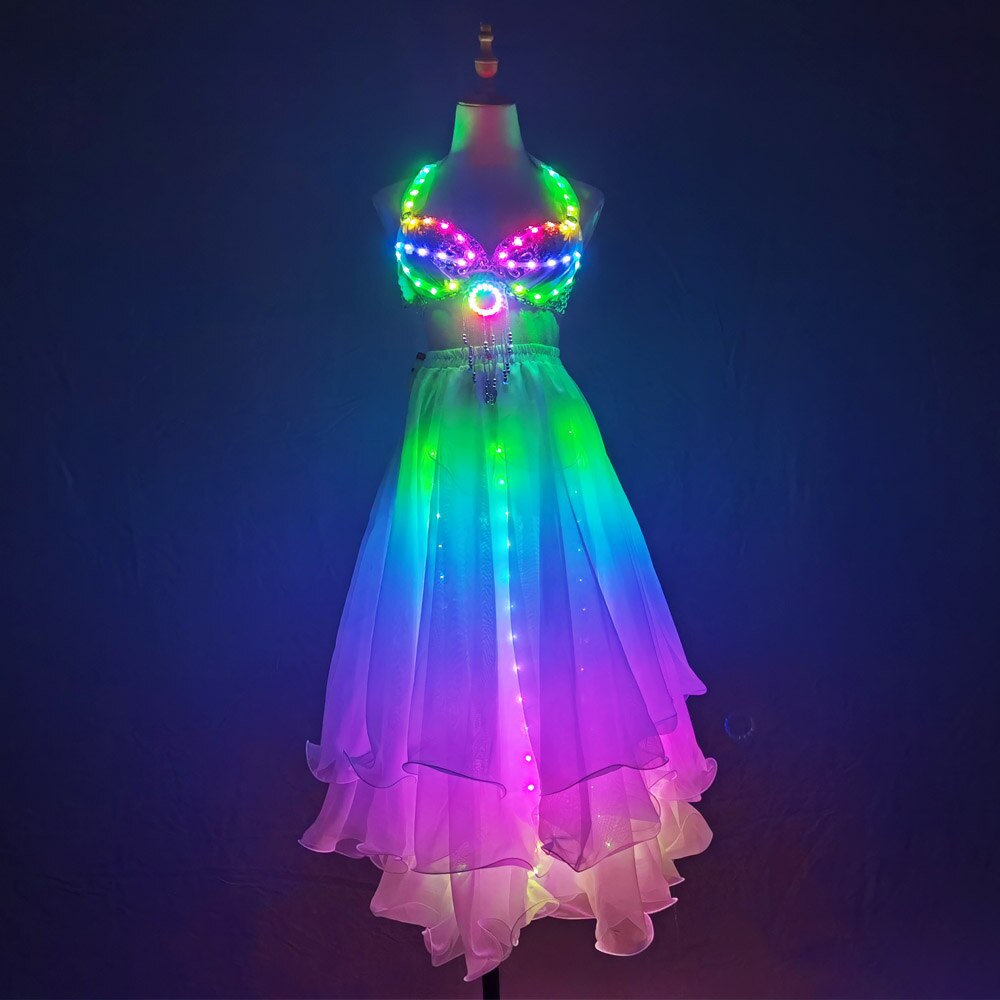 LED Color Lights Women Belly Dance Split Skirt Sexy Professional Bellydance Training Clothes Dancing Costumes