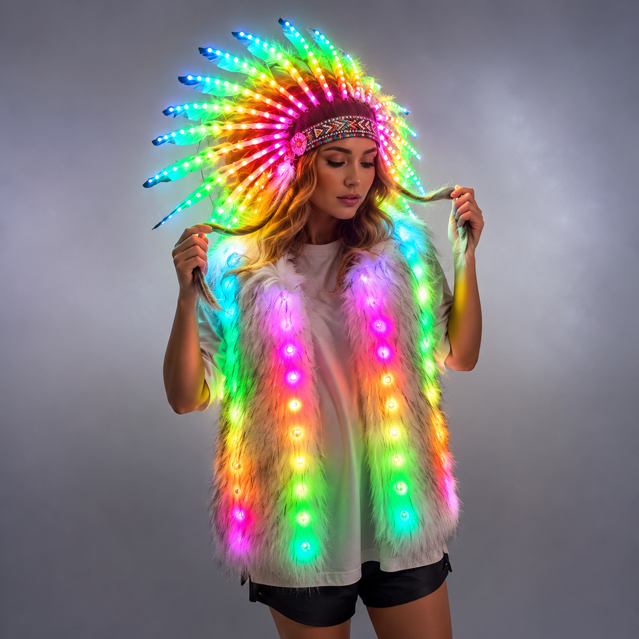 Full Color LED Light Up Faux Fur Vest Jacket with Indian Headdress & Hula Skirt