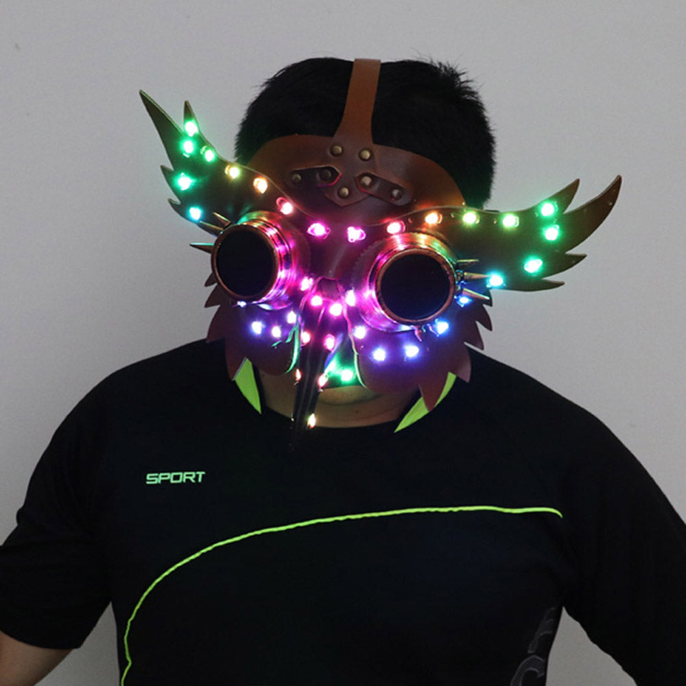 Full Color LED Luminous PU Leather Steampunk Mask Women Men Punk Wings Rivets Halloween Cosplay Gothic Mask Props