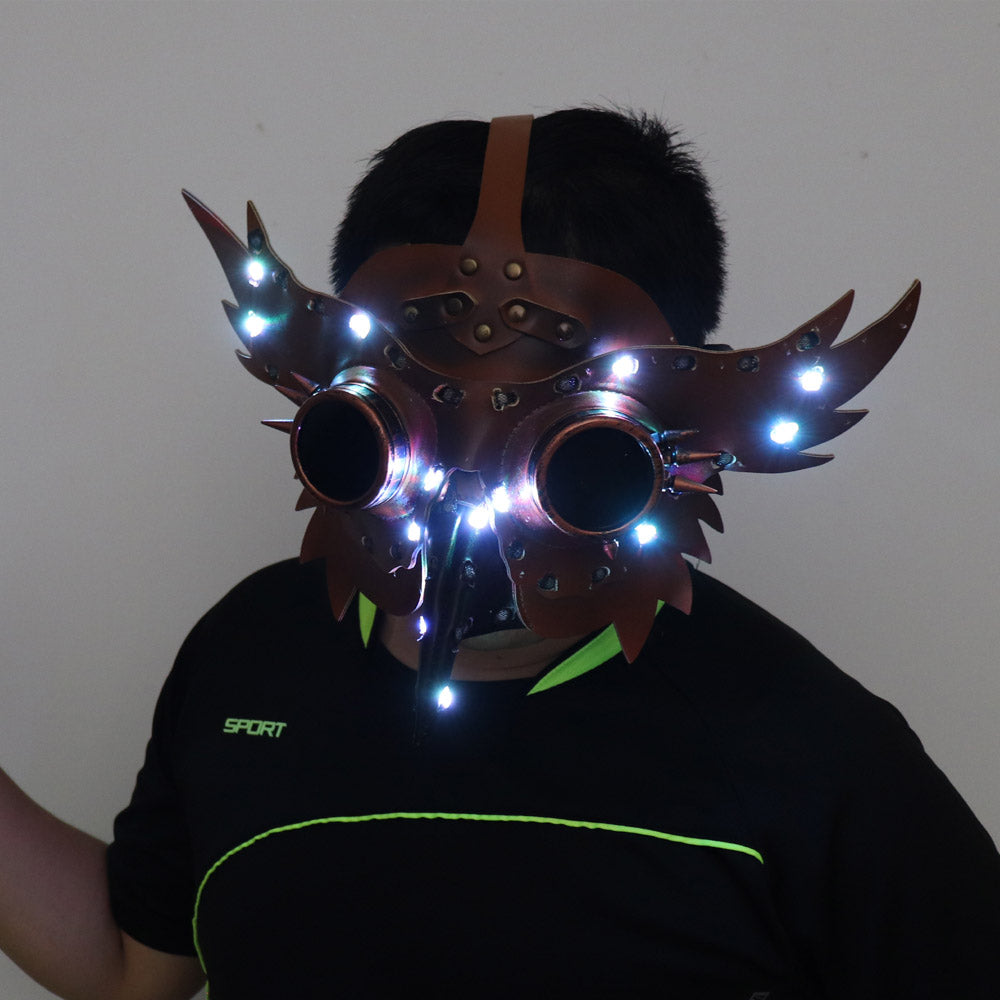 Máscara Steampunk de cuero PU luminosa LED a todo Color para hombres y mujeres, remaches de alas Punk, accesorios de máscara gótica para Cosplay de Halloween