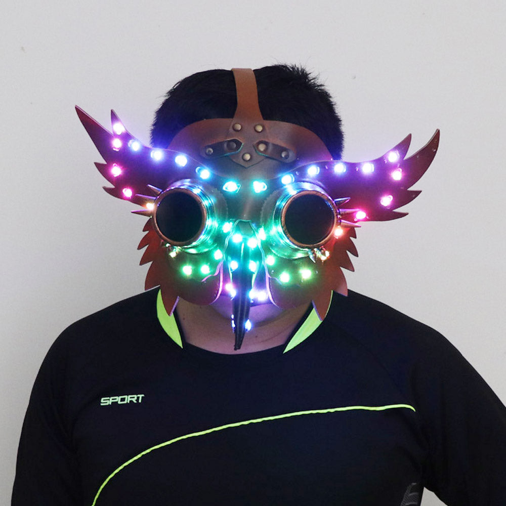 Máscara Steampunk de cuero PU luminosa LED a todo Color para hombres y mujeres, remaches de alas Punk, accesorios de máscara gótica para Cosplay de Halloween