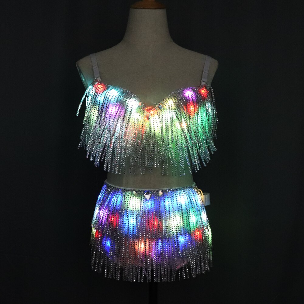 Abiti LED Reggiseno incandescente Pantaloncini Abiti luminosi Moda Cintura Spettacoli Viso riflettente Reggiseno nappato Danzatrice del ventre Accessorio