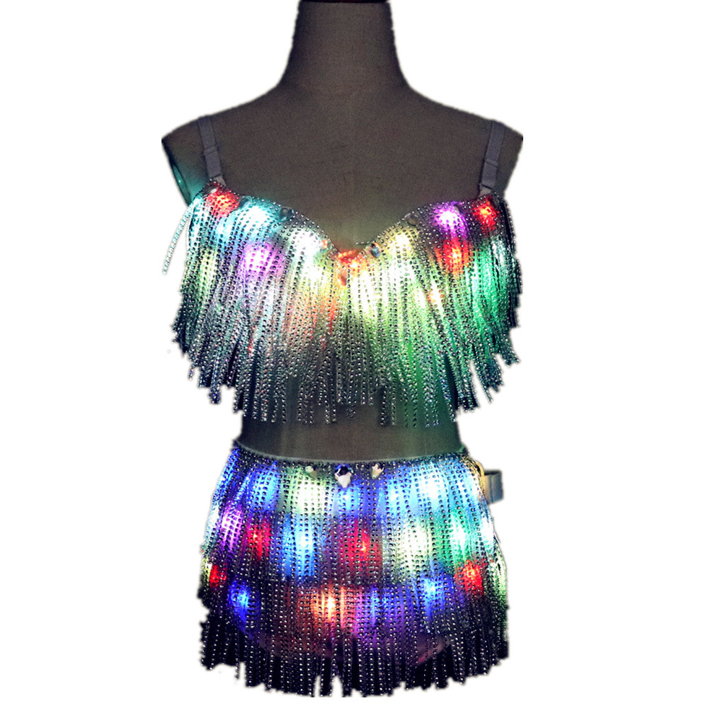 Abiti LED Reggiseno incandescente Pantaloncini Abiti luminosi Moda Cintura Spettacoli Viso riflettente Reggiseno nappato Danzatrice del ventre Accessorio