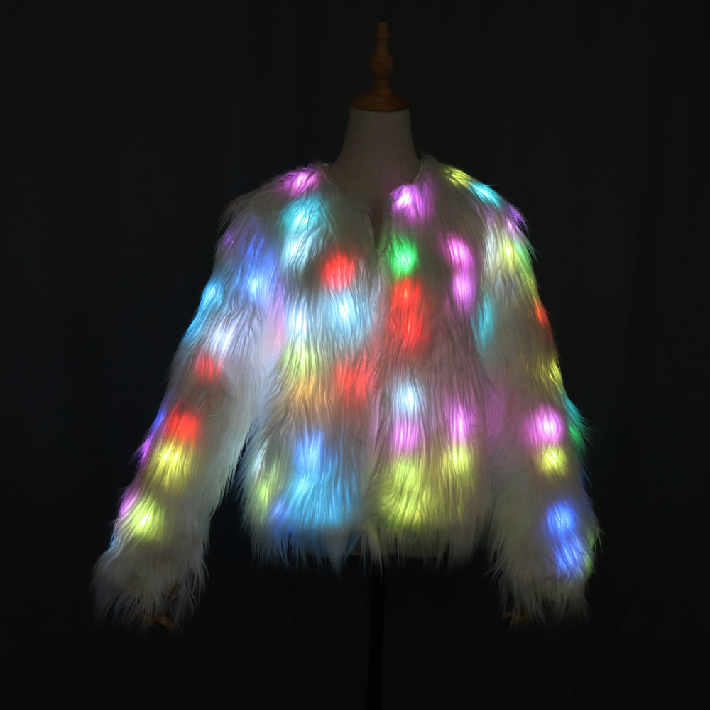 Led Light Shining Faux Fur Coat Decorative Overcoat Dance Christmas Party Jacket for Dancer Singer Star Nightclub