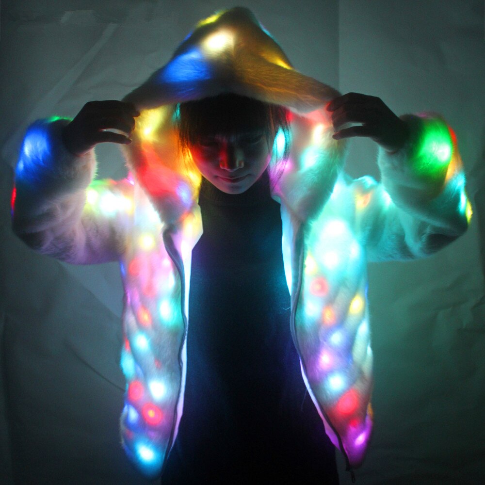 Mujeres Faux Fur Led Light Coat Disfraces de Navidad Cosplay Fluffy Fur 6xl Jacket Outwear Winter Warm Festival Party Overcoat