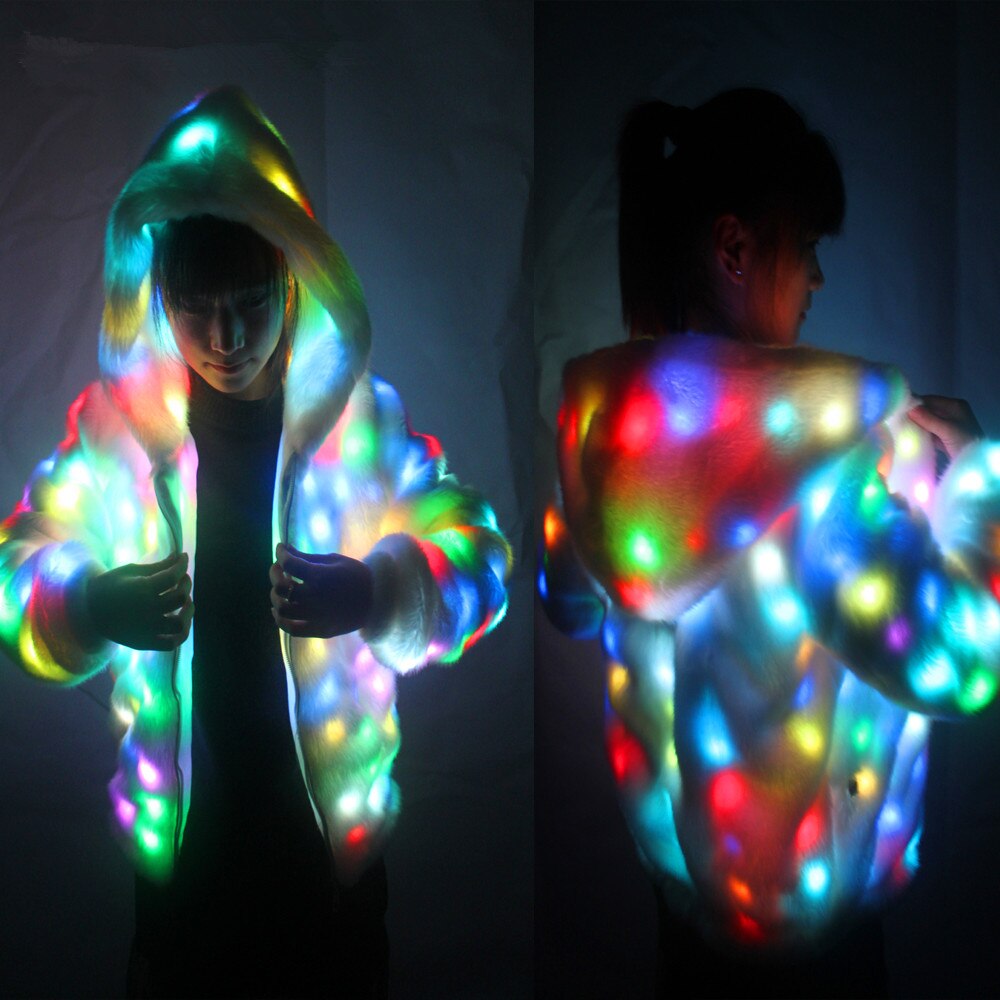 Mujeres Faux Fur Led Light Coat Disfraces de Navidad Cosplay Fluffy Fur 6xl Jacket Outwear Winter Warm Festival Party Overcoat
