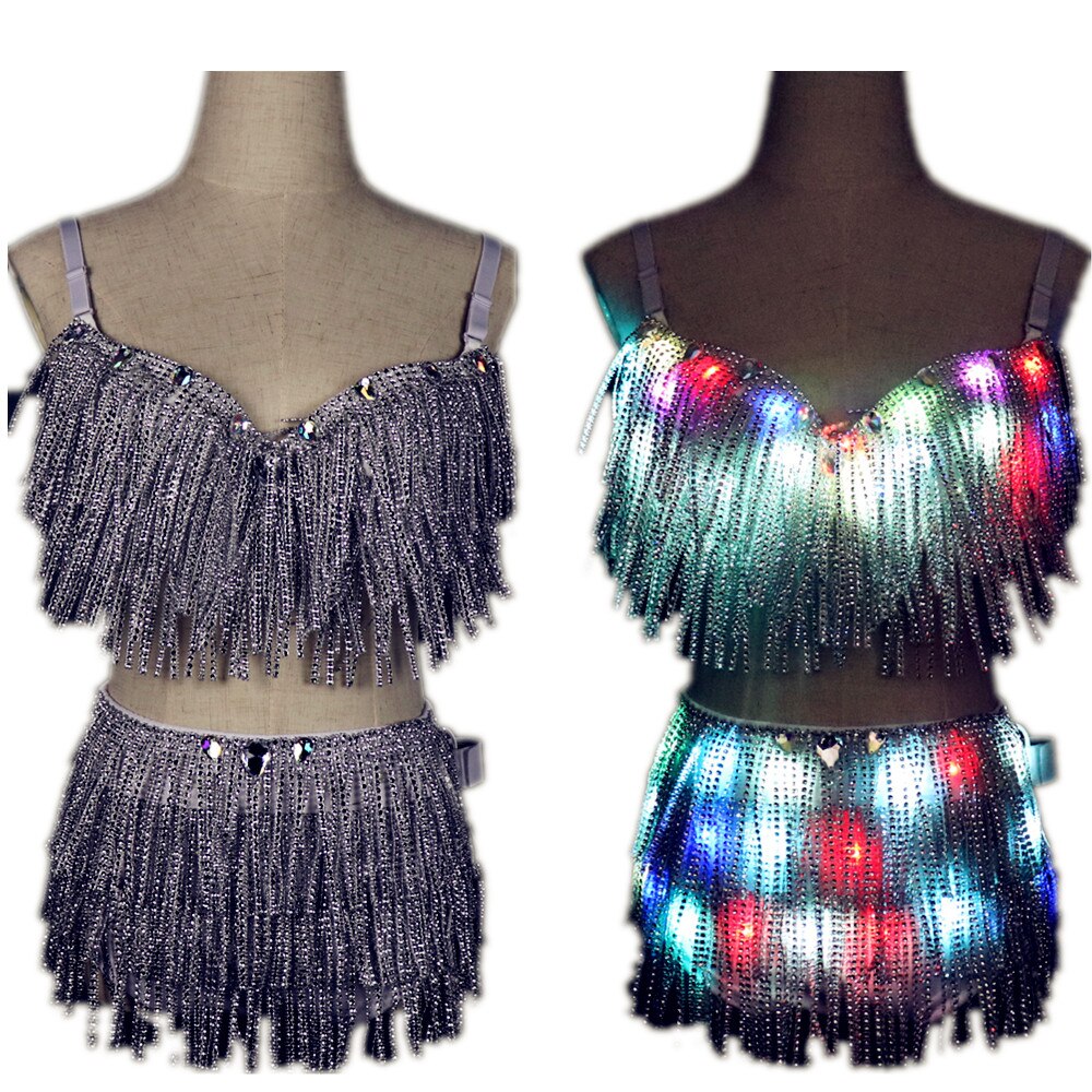 Abiti LED Reggiseno incandescente Pantaloncini Abiti luminosi Moda Cintura Spettacoli Viso riflettente Reggiseno nappato Danzatrice del ventre Accessorio