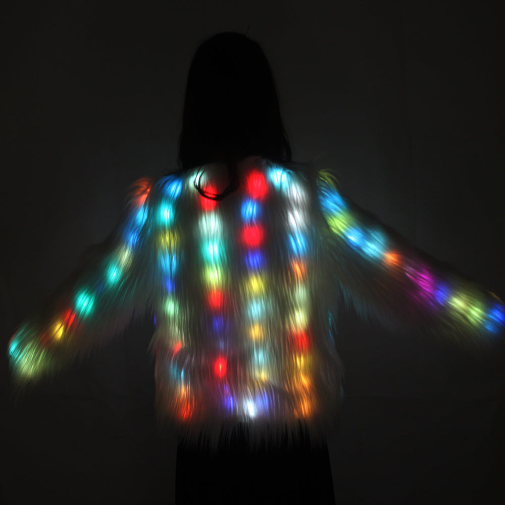 Led Light Shining Faux Fur Coat Decorative Overcoat Dance Christmas Party Jacket for Dancer Singer Star Nightclub