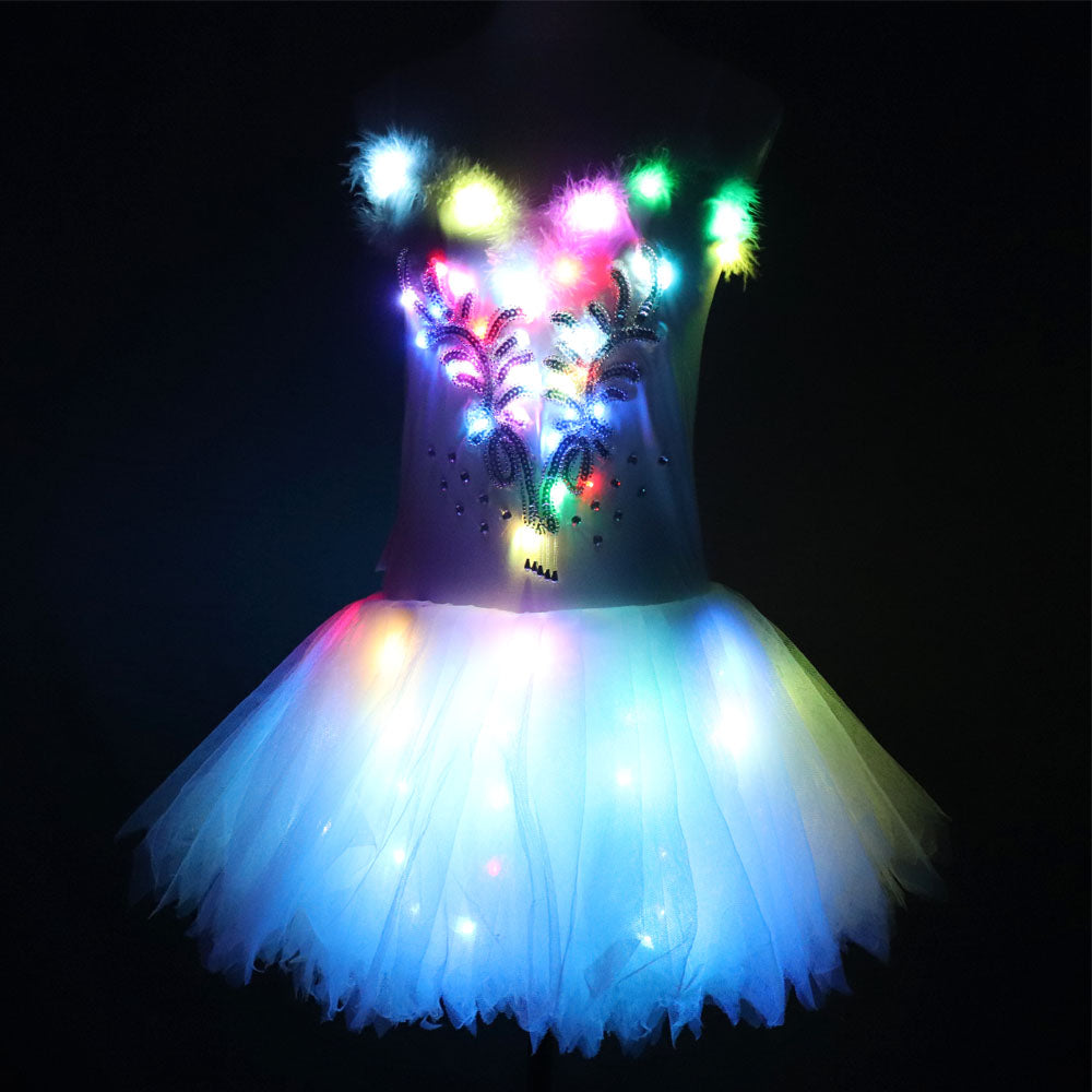 Classic Adult Camisole Strap Leather Ballet LED Skirt Tutu White Swan Lake LED Luminous Costume Light Up Luminous Clothes