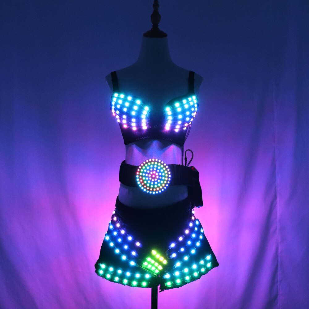 Full Color Led Luminous Light Party Skirt Sexy Girl Led Light Up Costumes with Led Belt Ballroom Dance Outfit DJ DS Bra Suit