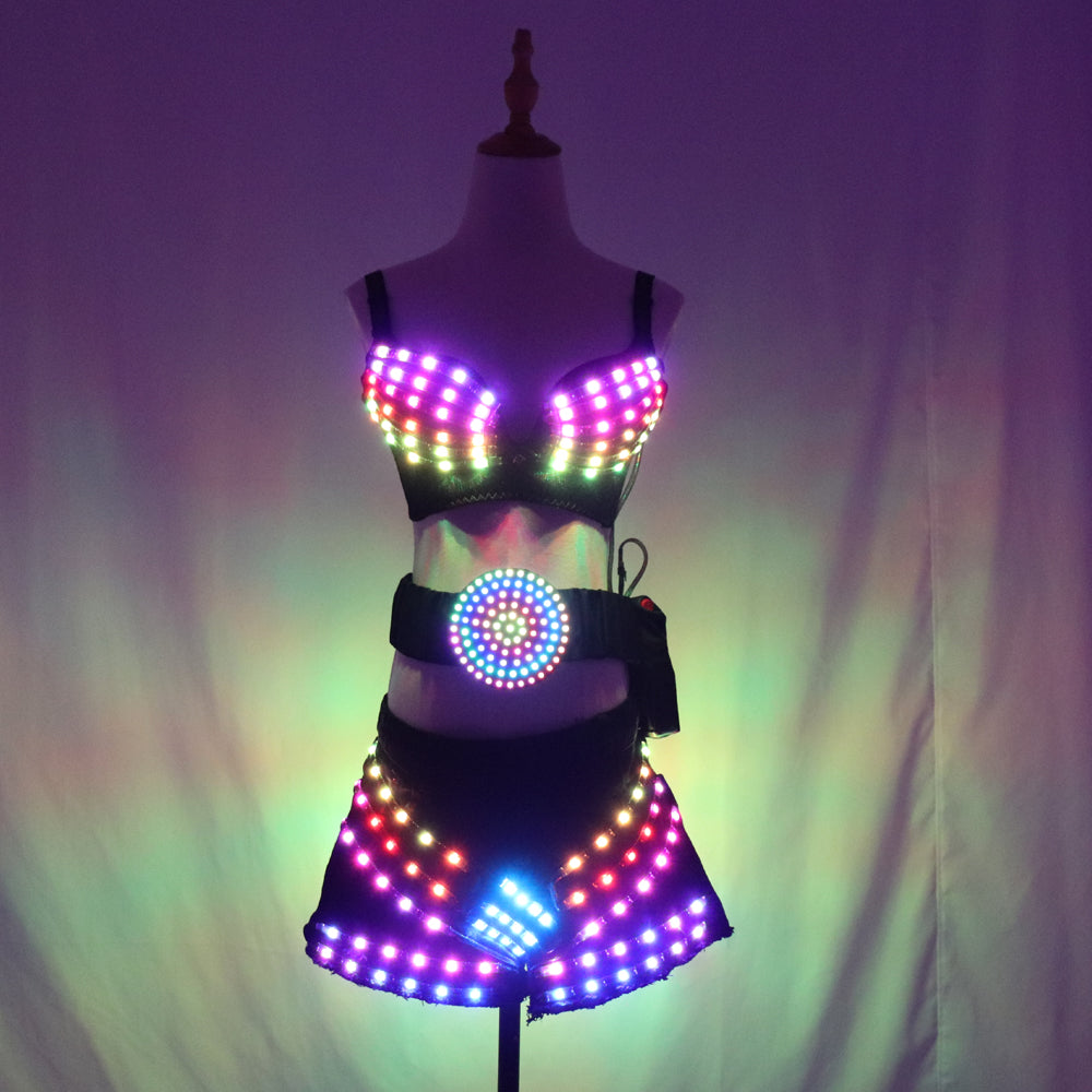 Full Color Led Luminous Light Party Skirt Sexy Girl Led Light Up Costumes with Led Belt Ballroom Dance Outfit DJ DS Bra Suit