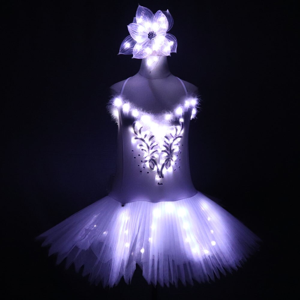 Classic Adult Camisole Strap Leather Ballet LED Skirt Tutu White Swan Lake LED Luminous Costume Light Up Luminous Clothes