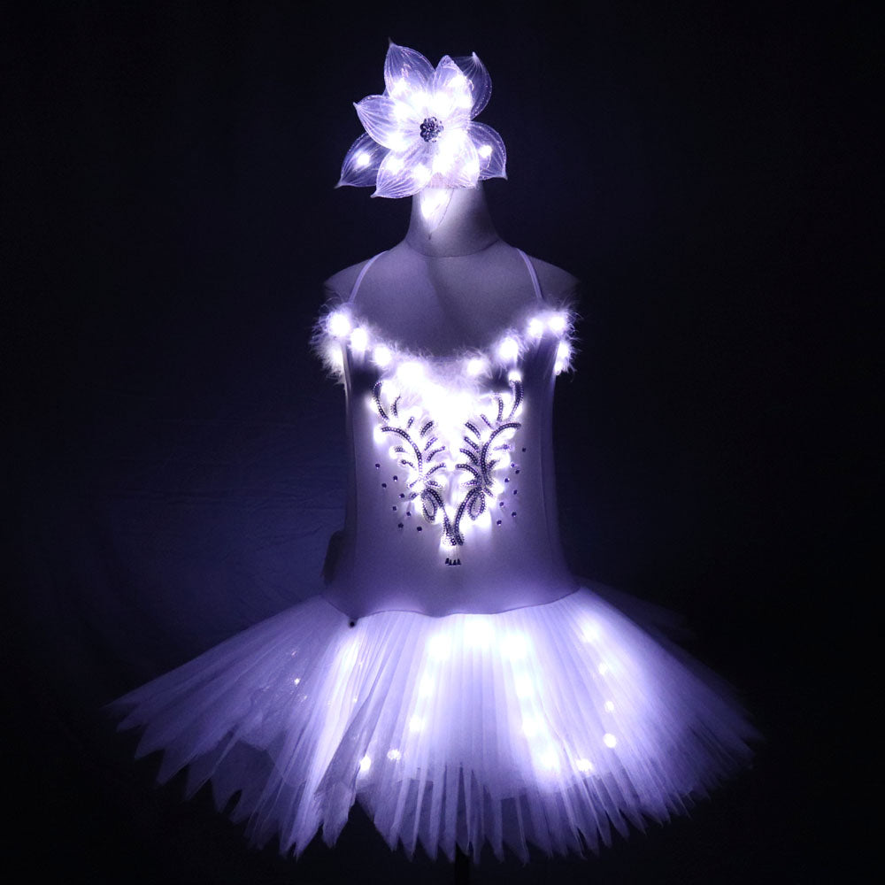 Classic Adult Camisole Strap Leather Ballet LED Skirt Tutu White Swan Lake LED Luminous Costume Light Up Luminous Clothes