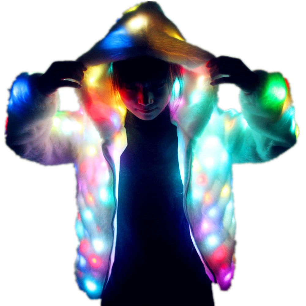 Mujeres Faux Fur Led Light Coat Disfraces de Navidad Cosplay Fluffy Fur 6xl Jacket Outwear Winter Warm Festival Party Overcoat