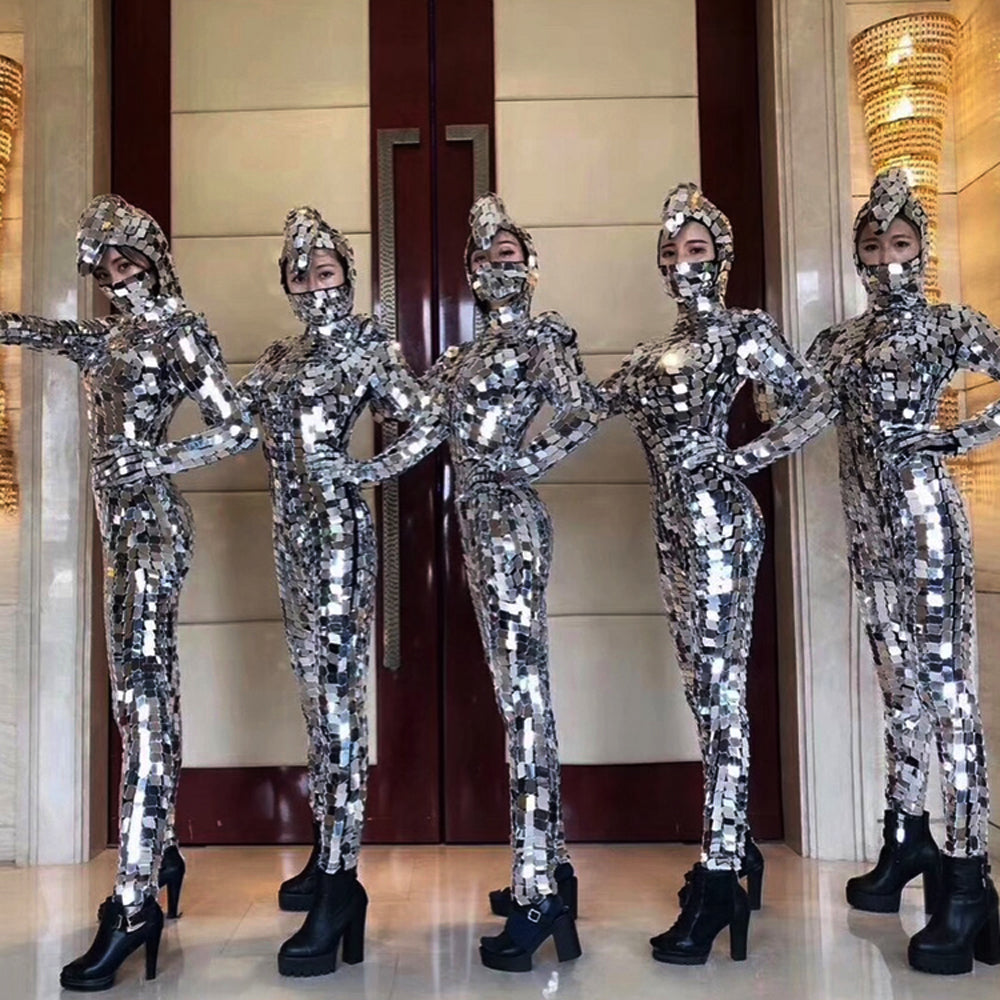 Sparkly Silver Sequins Women Jumpsuit Full Mirror Leggings Prom Celebrate Outfit Performance Clothes