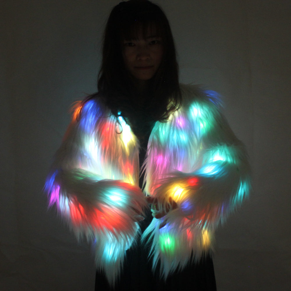 Led Light Shining Faux Fur Coat Decorative Overcoat Dance Christmas Party Jacket for Dancer Singer Star Nightclub