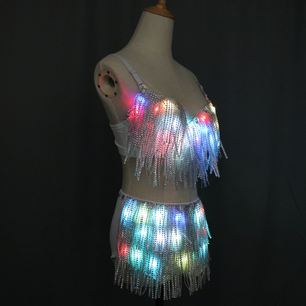 Abiti LED Reggiseno incandescente Pantaloncini Abiti luminosi Moda Cintura Spettacoli Viso riflettente Reggiseno nappato Danzatrice del ventre Accessorio