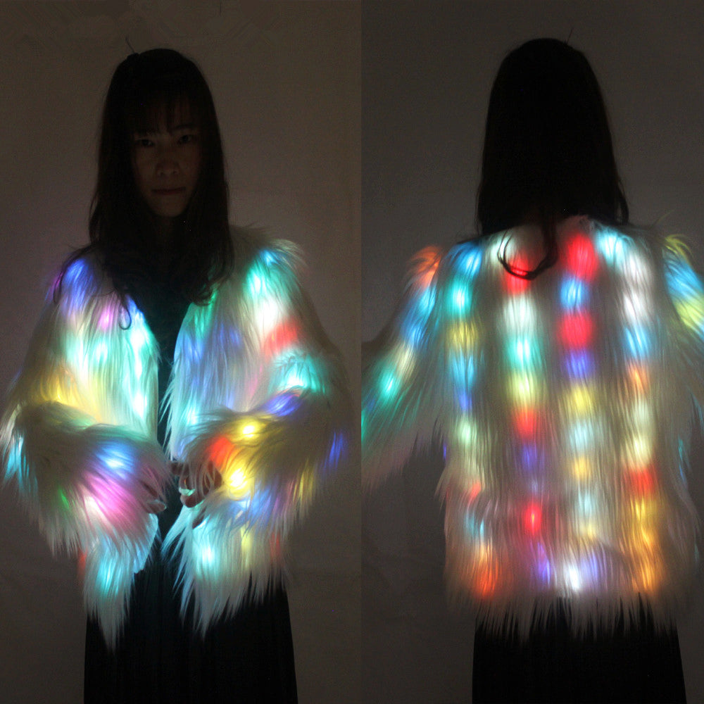 Led Light Shining Faux Fur Coat Decorative Overcoat Dance Christmas Party Jacket for Dancer Singer Star Nightclub